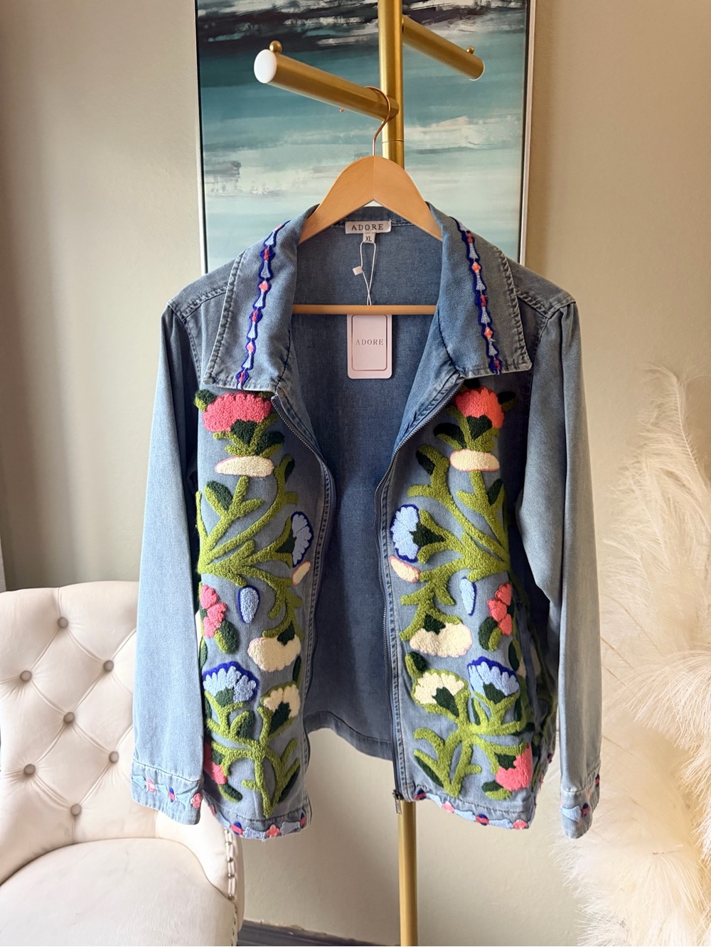 NWT Adore XL Embroidered Zip Front Denim Jacket Floral Statement Blue Boho - Picture 8 of 15